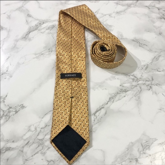 Versace Gold Orange Striped Zigzag Medusa Tie EUC